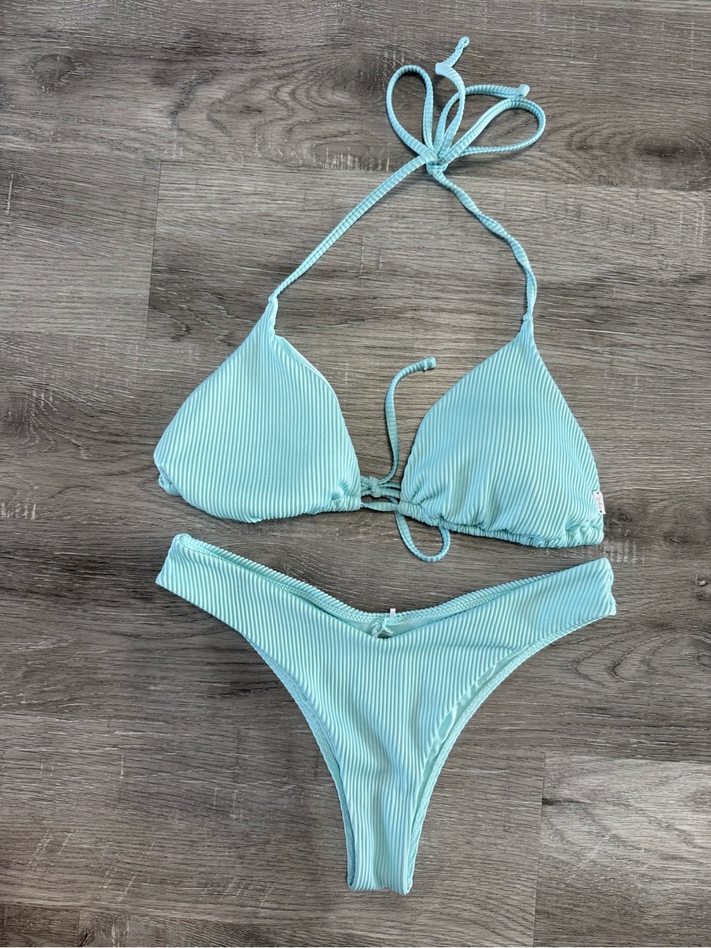 Light Blue Ribbed Triangle Bikini Top and Bottom Set